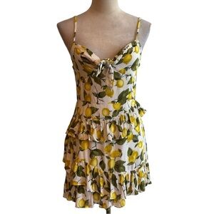 Skylar + Madison Yellow Lemon Print Tie Front Tiered Ruffle Mini Dress Medium